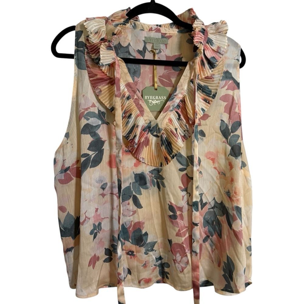 Ryegrass Floral Ruffle Blouse - Cream and Pink XXL NEW